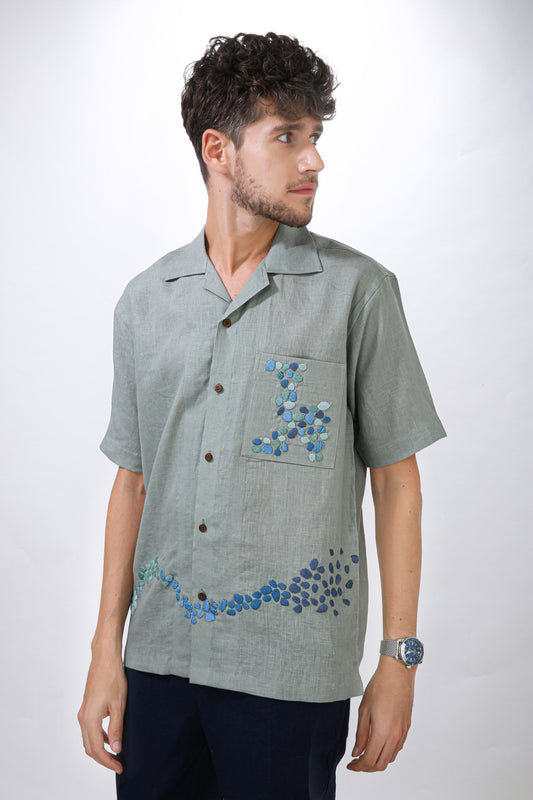 VERDANT DRIFT - HAND EMBROIDERED UNISEX PURE LINEN SHIRT