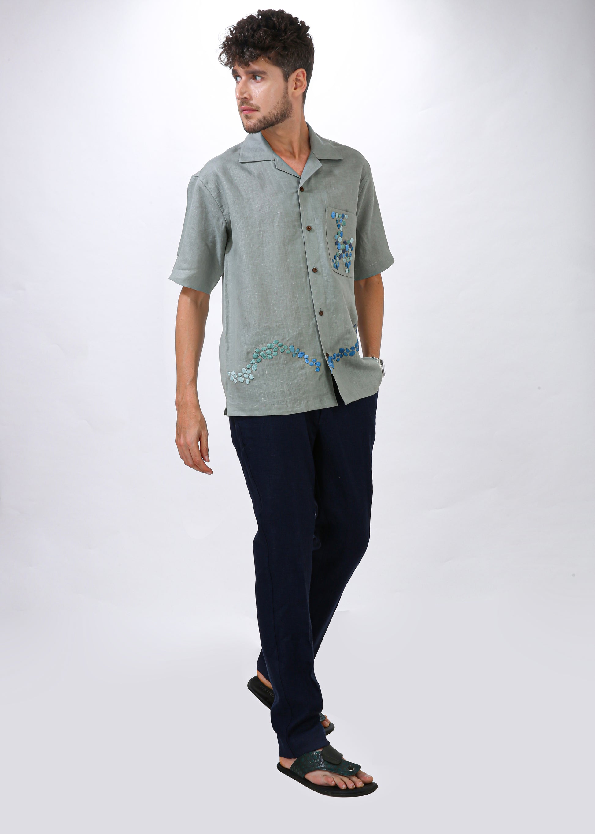 VERDANT DRIFT - HAND EMBROIDERED UNISEX PURE LINEN SHIRT