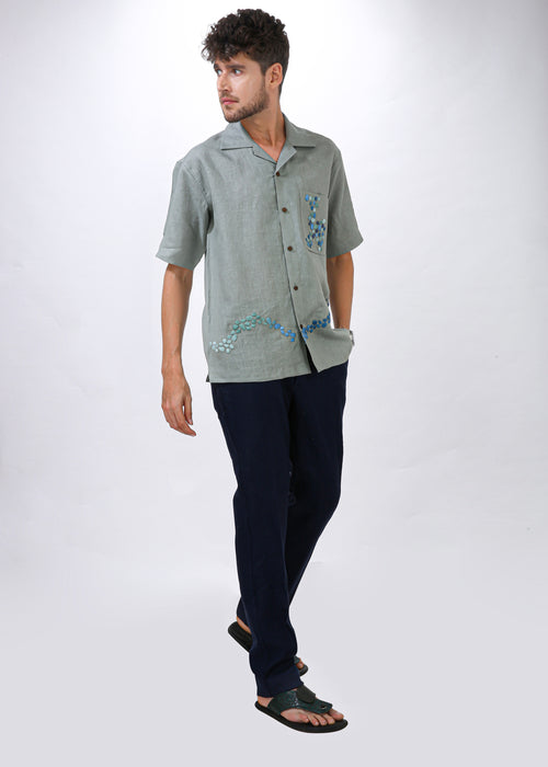 VERDANT DRIFT - HAND EMBROIDERED UNISEX PURE LINEN SHIRT
