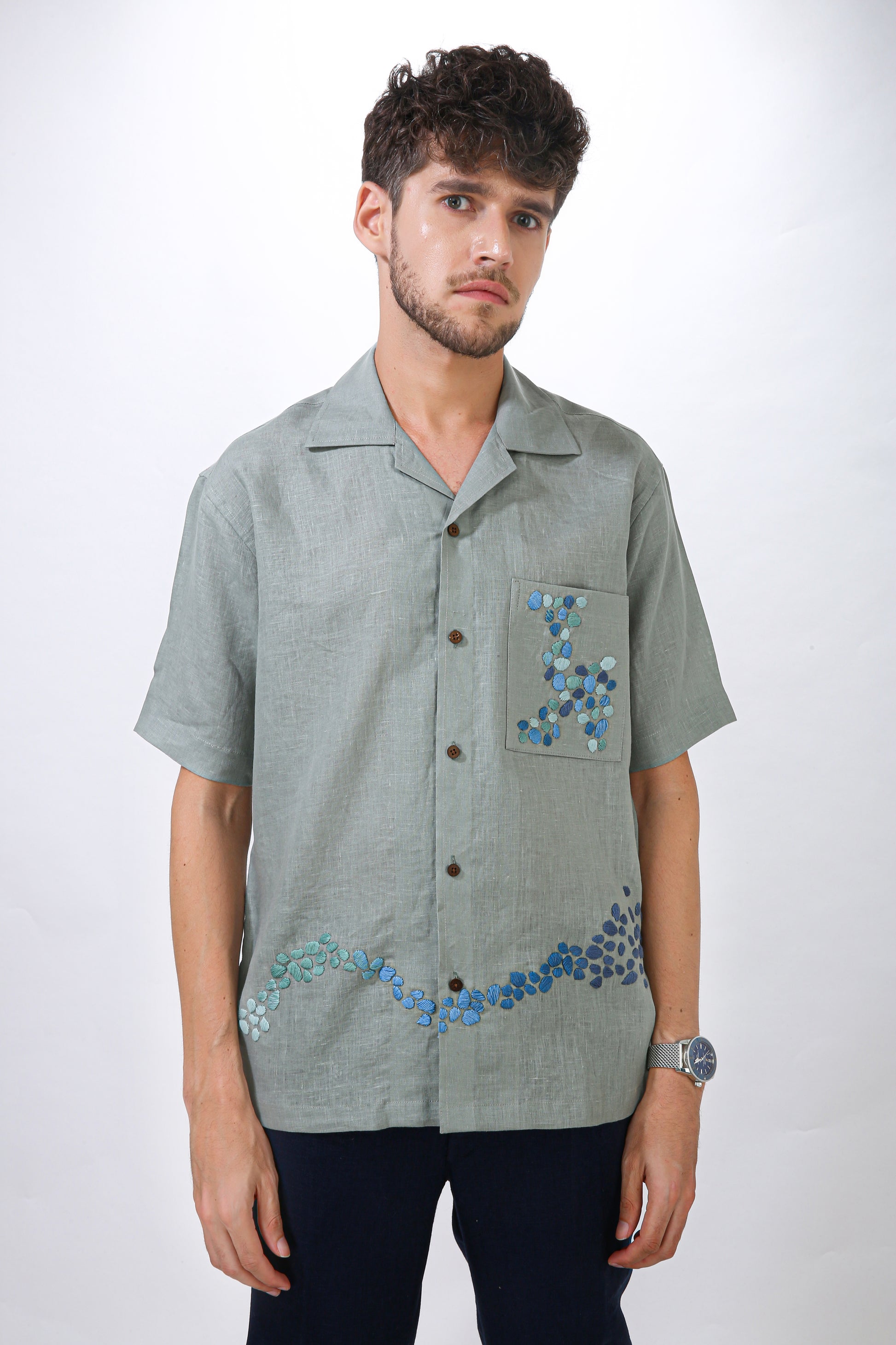 VERDANT DRIFT - HAND EMBROIDERED UNISEX PURE LINEN SHIRT