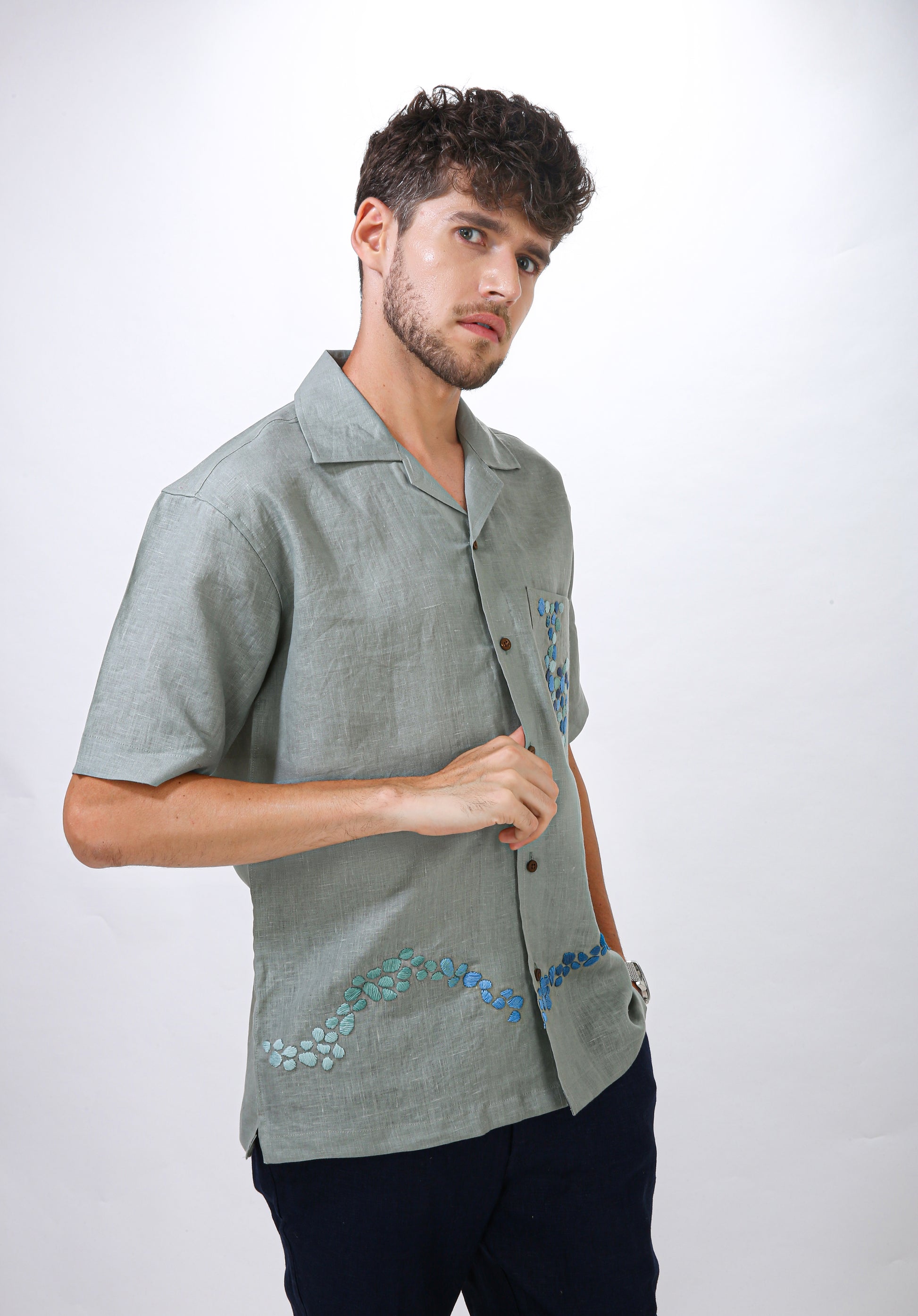 VERDANT DRIFT - HAND EMBROIDERED UNISEX PURE LINEN SHIRT