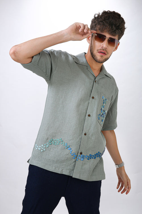 VERDANT DRIFT - HAND EMBROIDERED UNISEX PURE LINEN SHIRT