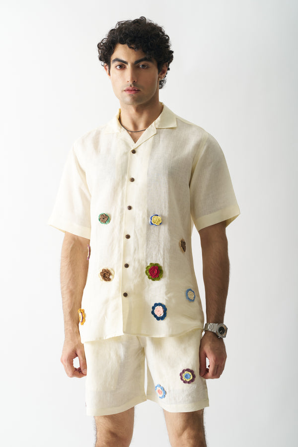 OFF-WHITE PETALS  - HAND EMBROIDERED PURE LINEN UNISEX CO-ORD SET