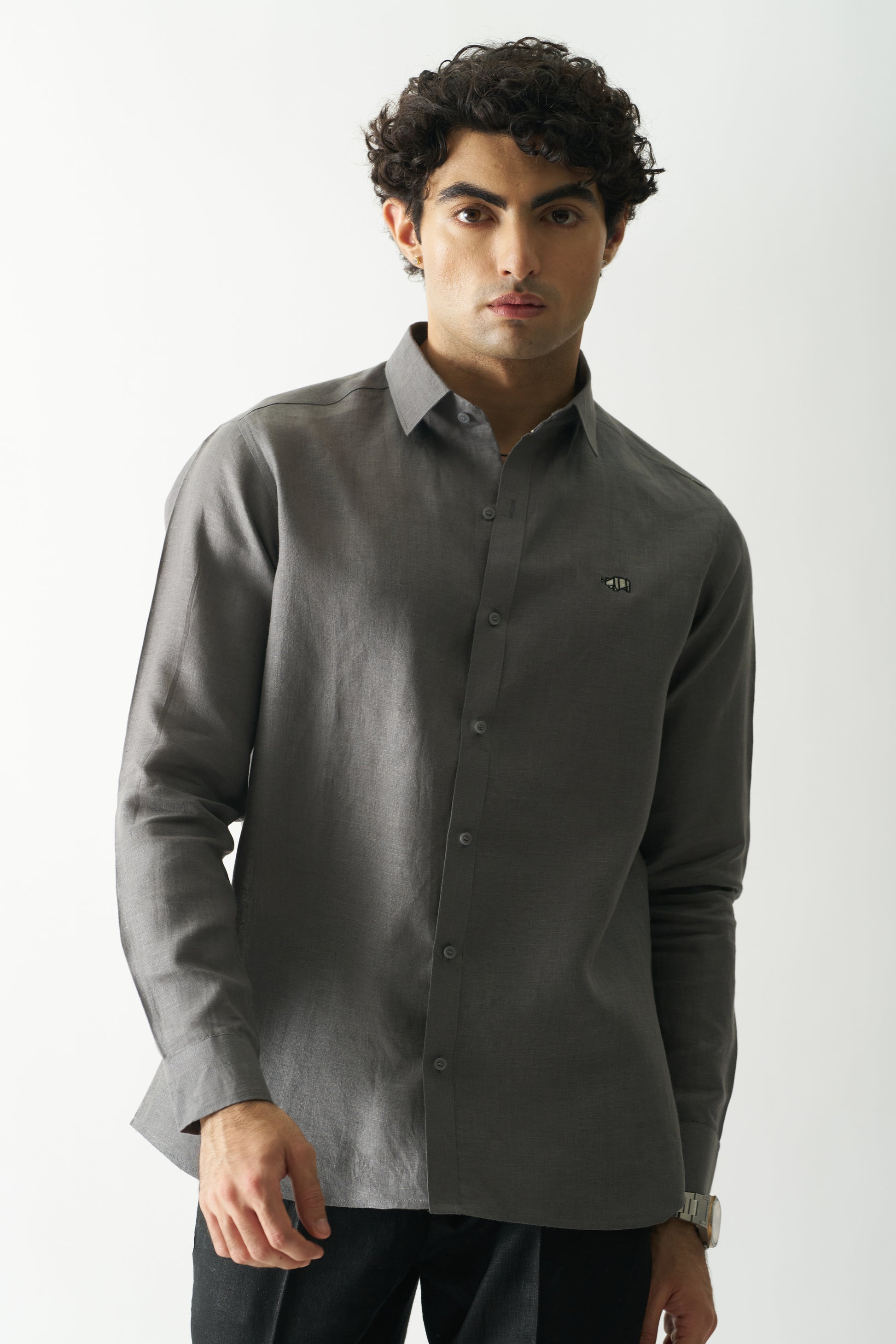 COAL MINE GREY - ROZZANA FULL SLEEVE PURE LINEN SHIRT