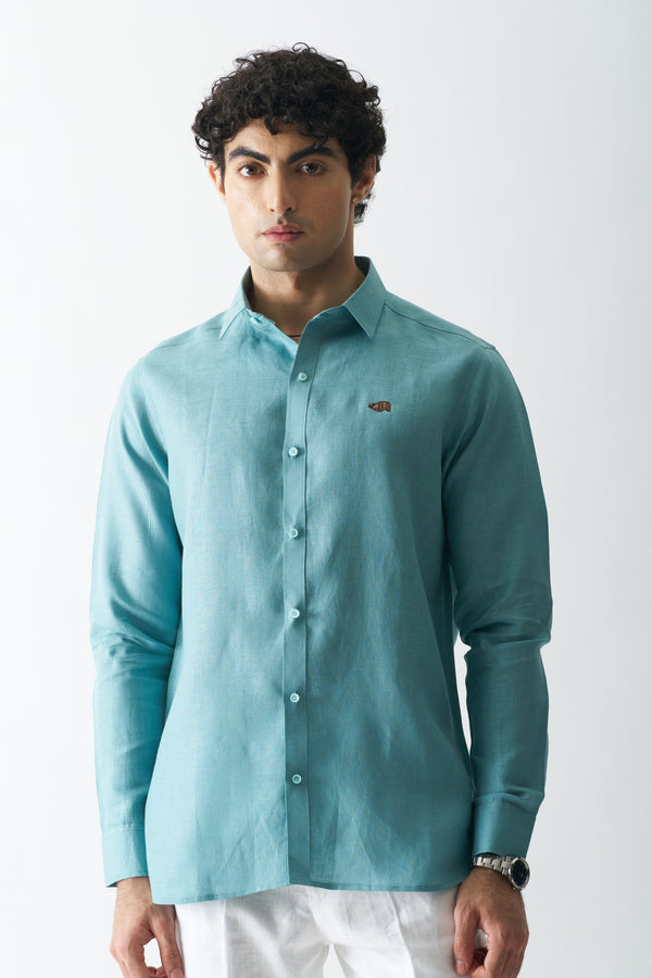 DEEP TEAL - ROZZANA FULL SLEEVE PURE LINEN SHIRT