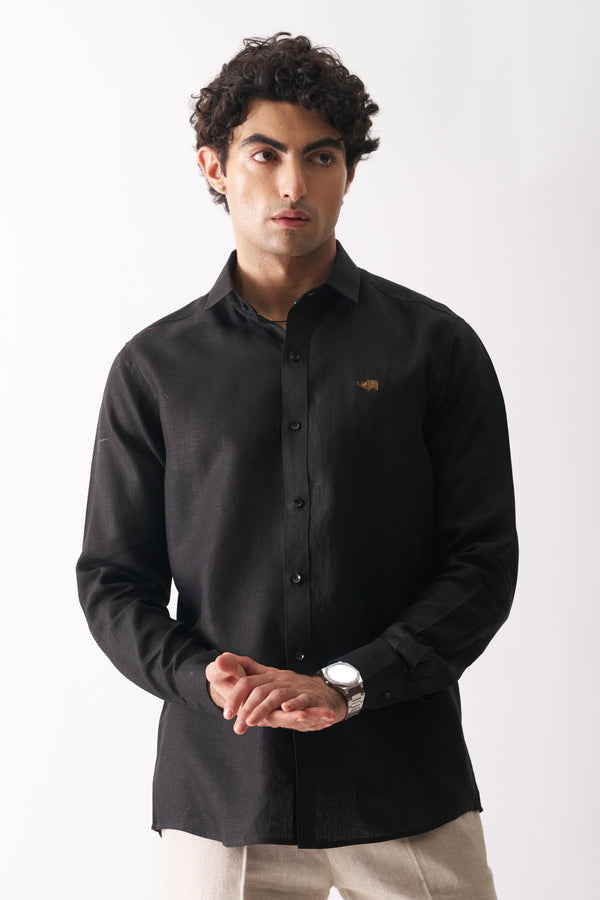 BLACK - ROZZANA FULL SLEEVE PURE LINEN SHIRT