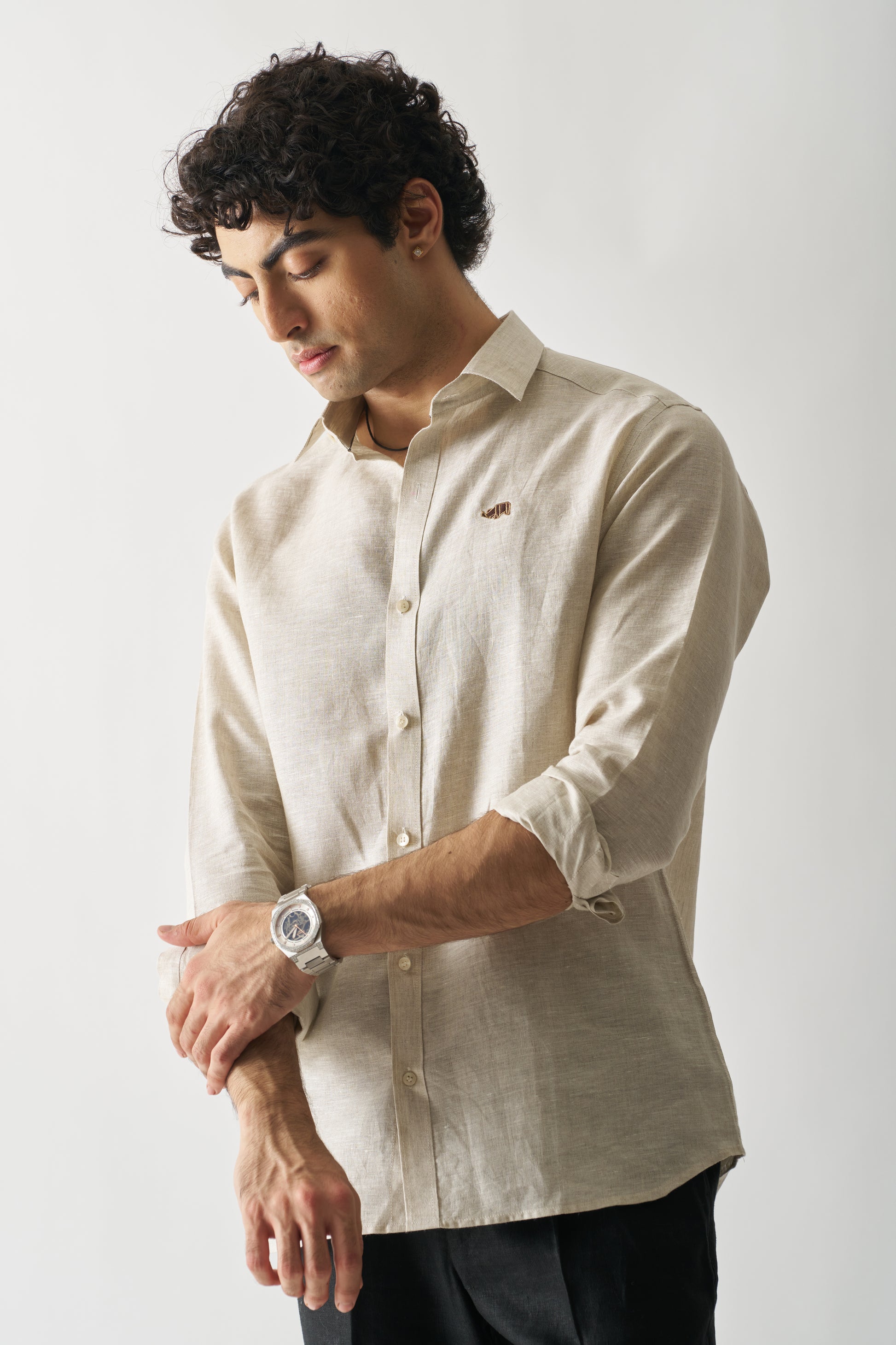 NATURAL - ROZZANA FULL SLEEVE PURE LINEN SHIRT