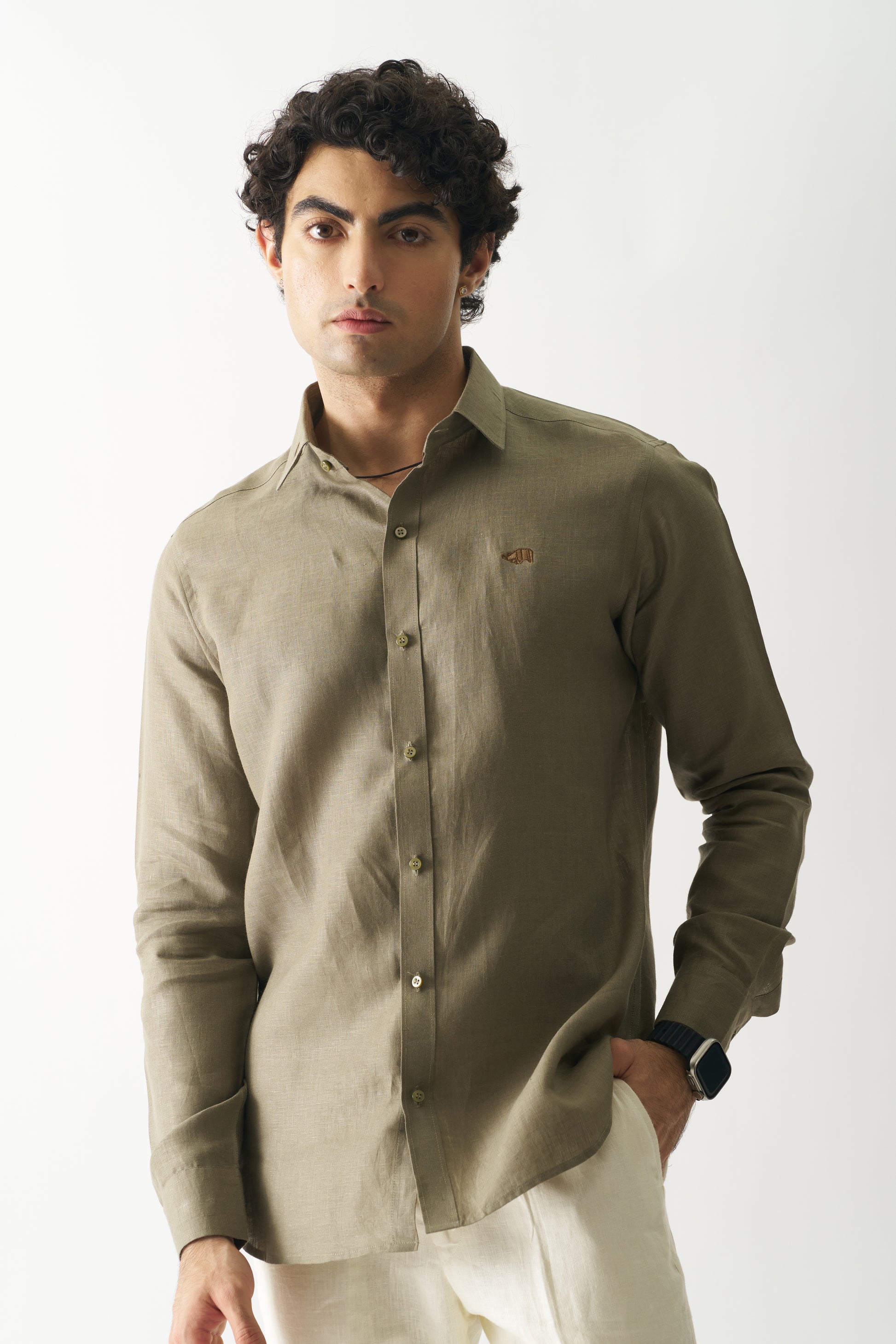 LIGHT OLIVE - ROZZANA FULL SLEEVE PURE LINEN SHIRT