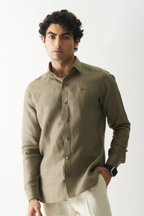 LIGHT OLIVE - ROZZANA FULL SLEEVE PURE LINEN SHIRT