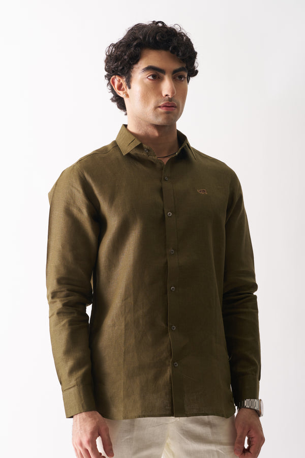 OLIVE GREEN - ROZZANA FULL SLEEVE PURE LINEN SHIRT