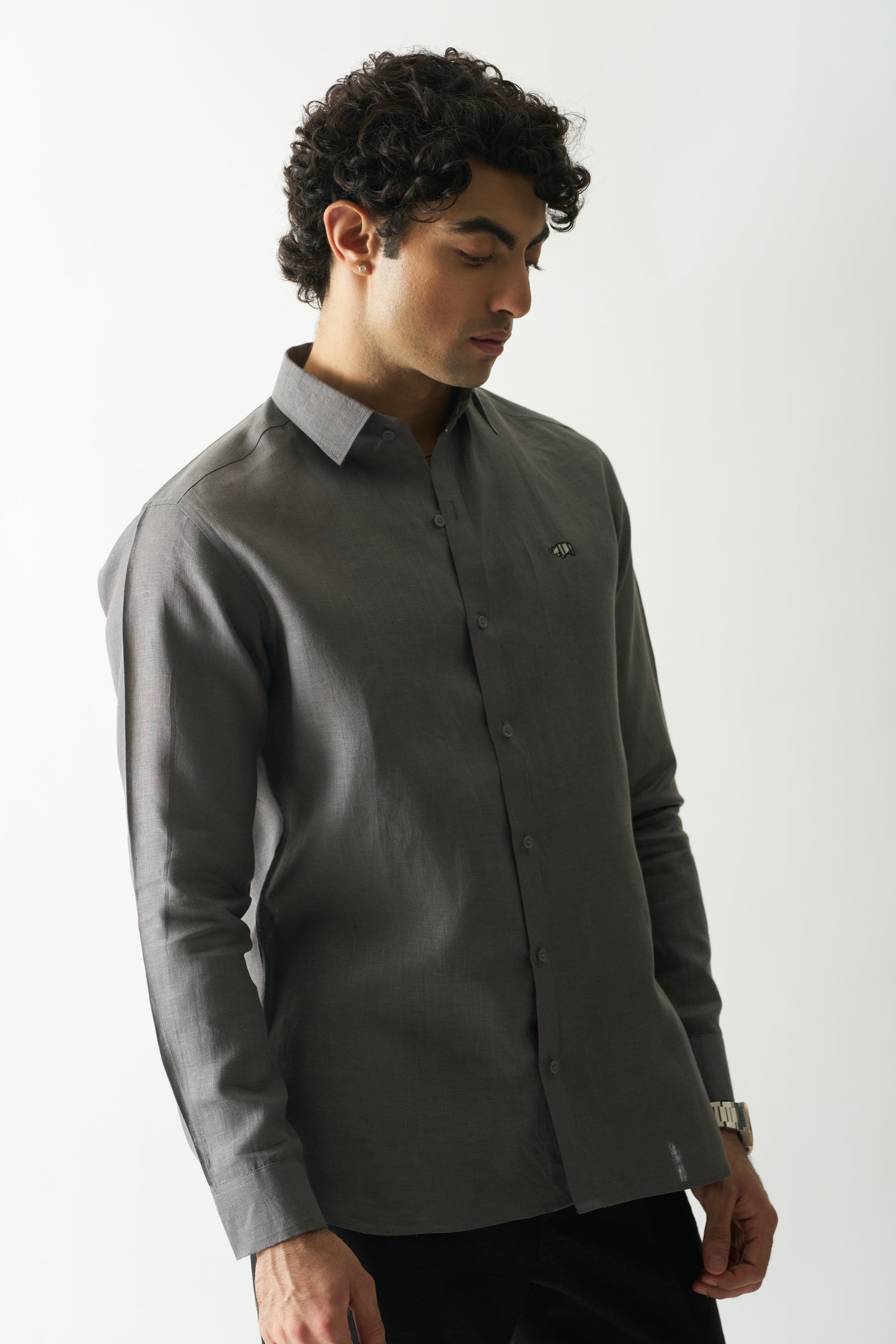 COAL MINE GREY - ROZZANA FULL SLEEVE PURE LINEN SHIRT