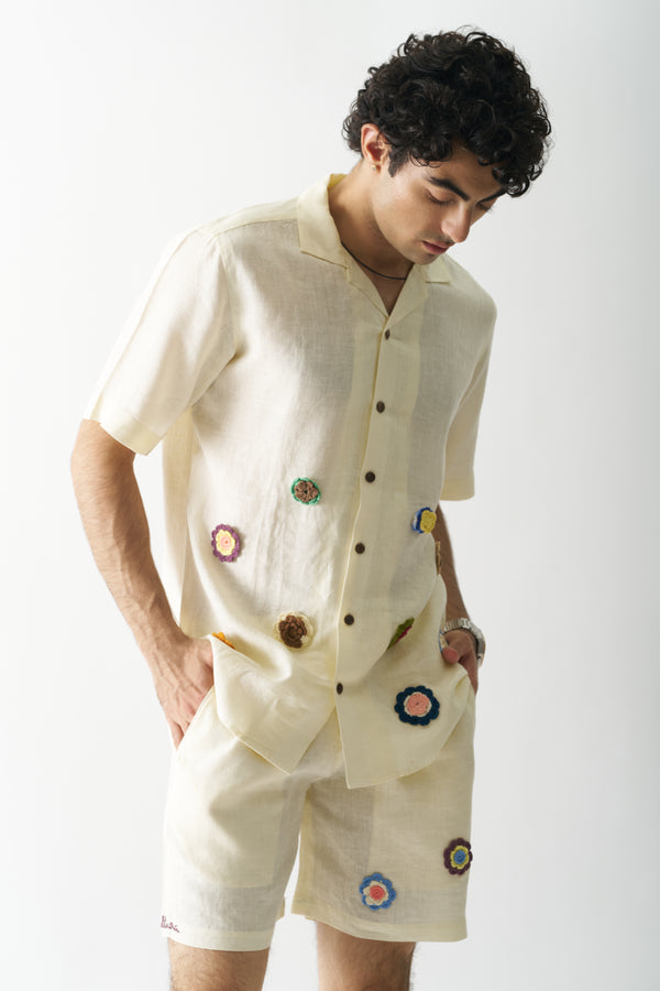 OFF-WHITE PETALS  - HAND EMBROIDERED PURE LINEN UNISEX CO-ORD SET