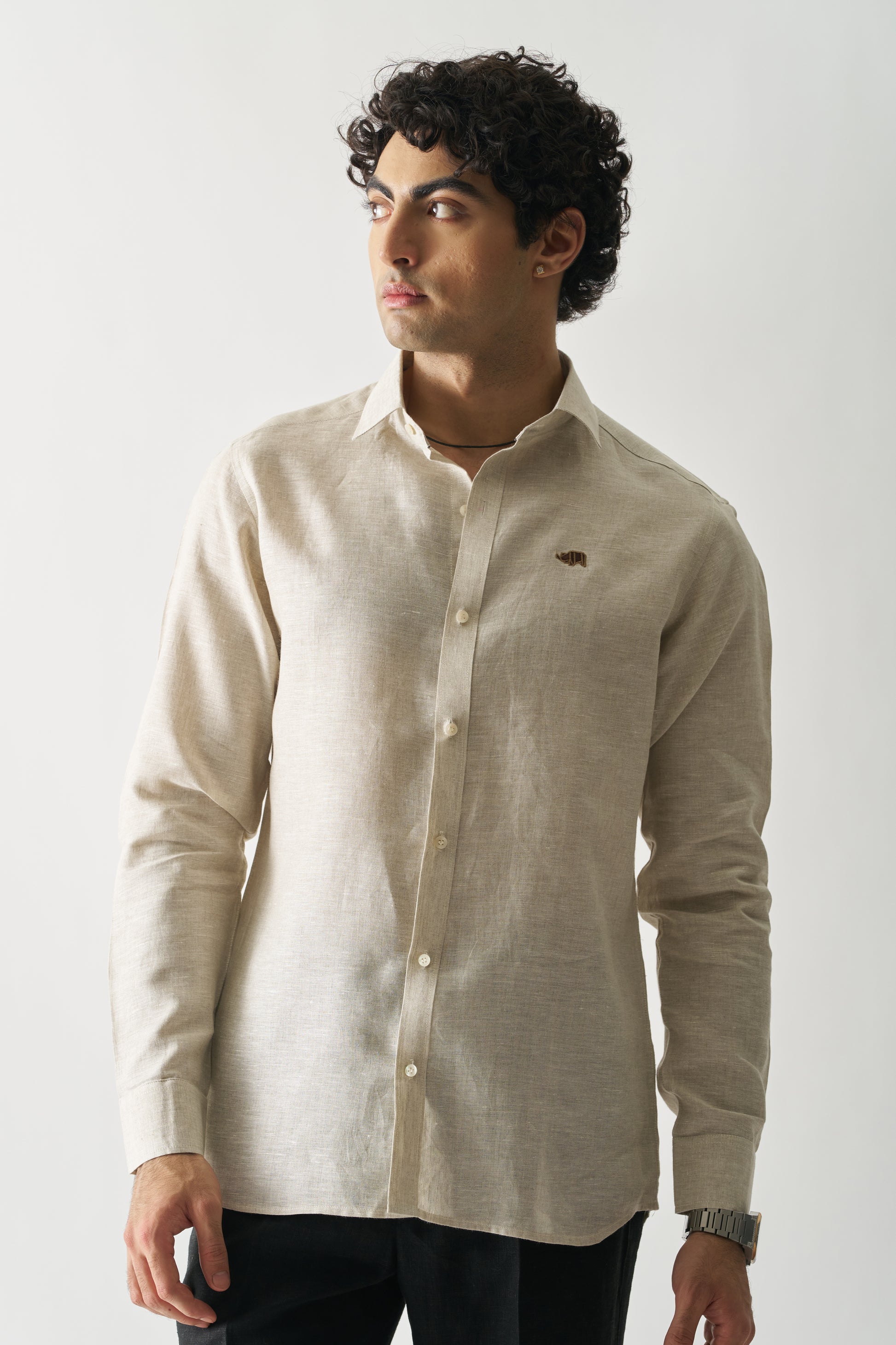 NATURAL - ROZZANA FULL SLEEVE PURE LINEN SHIRT