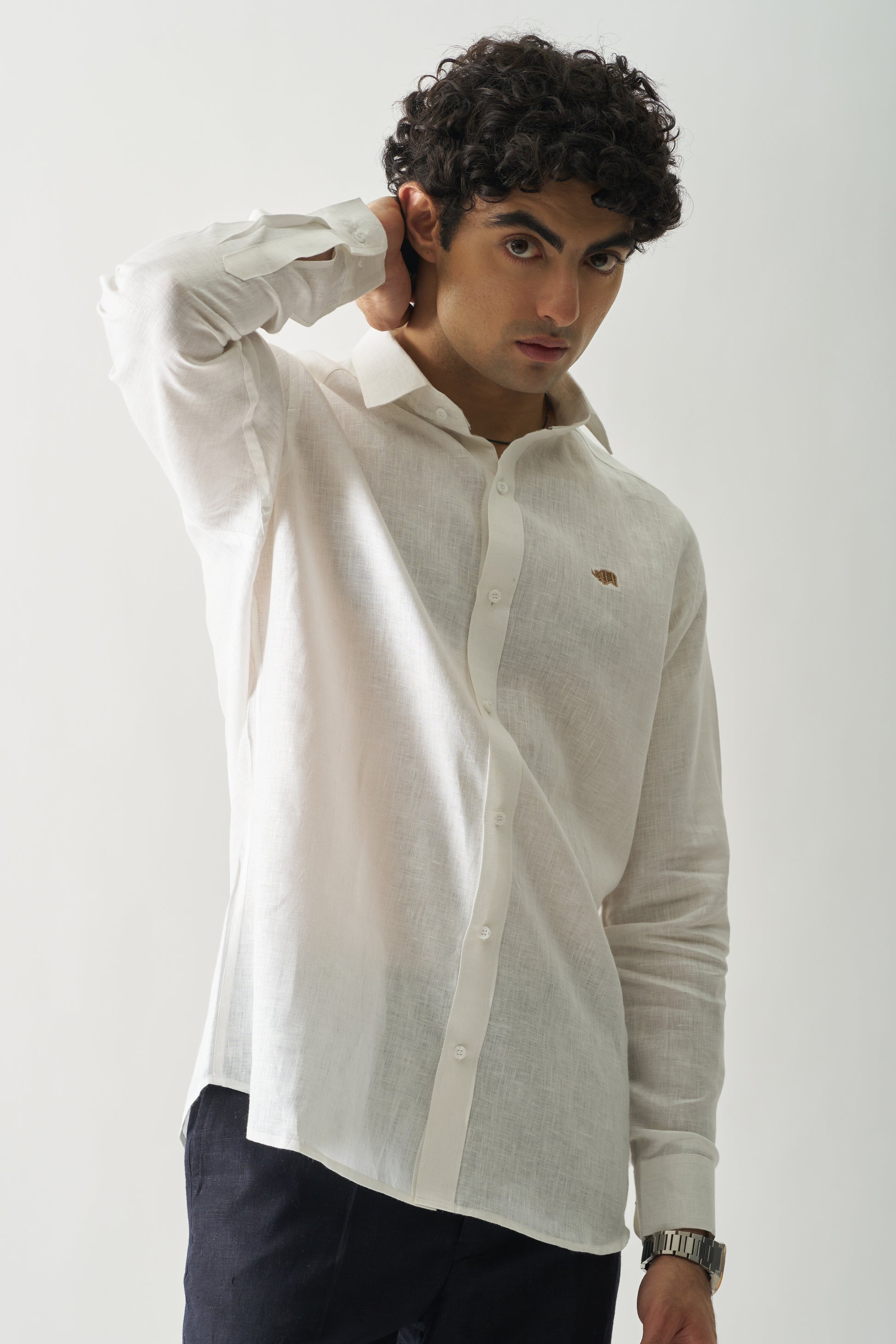 WHITE - ROZZANA FULL SLEEVE PURE LINEN SHIRT