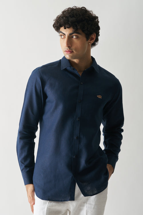 NAVY BLUE - ROZZANA FULL SLEEVE PURE LINEN SHIRT