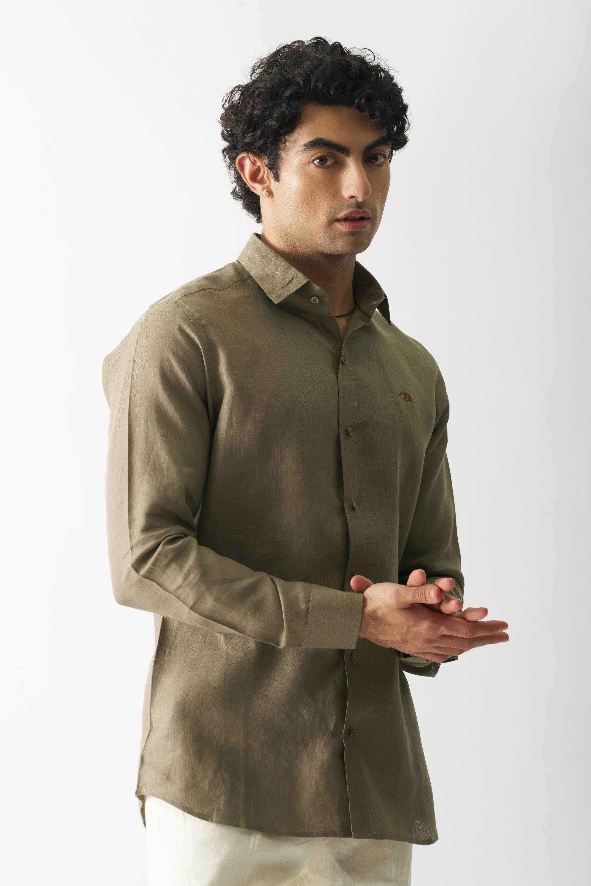 LIGHT OLIVE - ROZZANA FULL SLEEVE PURE LINEN SHIRT