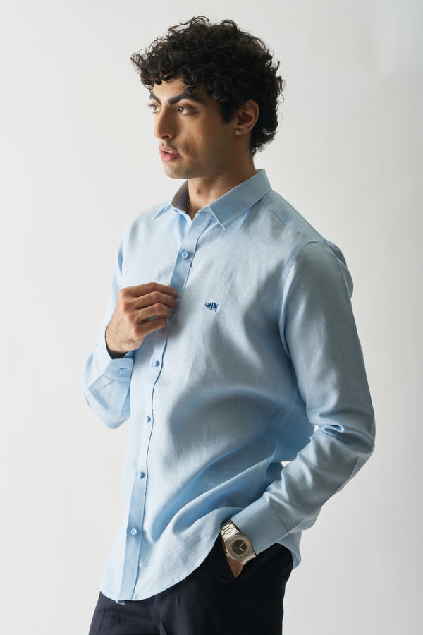 BLISSFUL BLUE - ROZZANA FULL SLEEVE PURE LINEN SHIRT