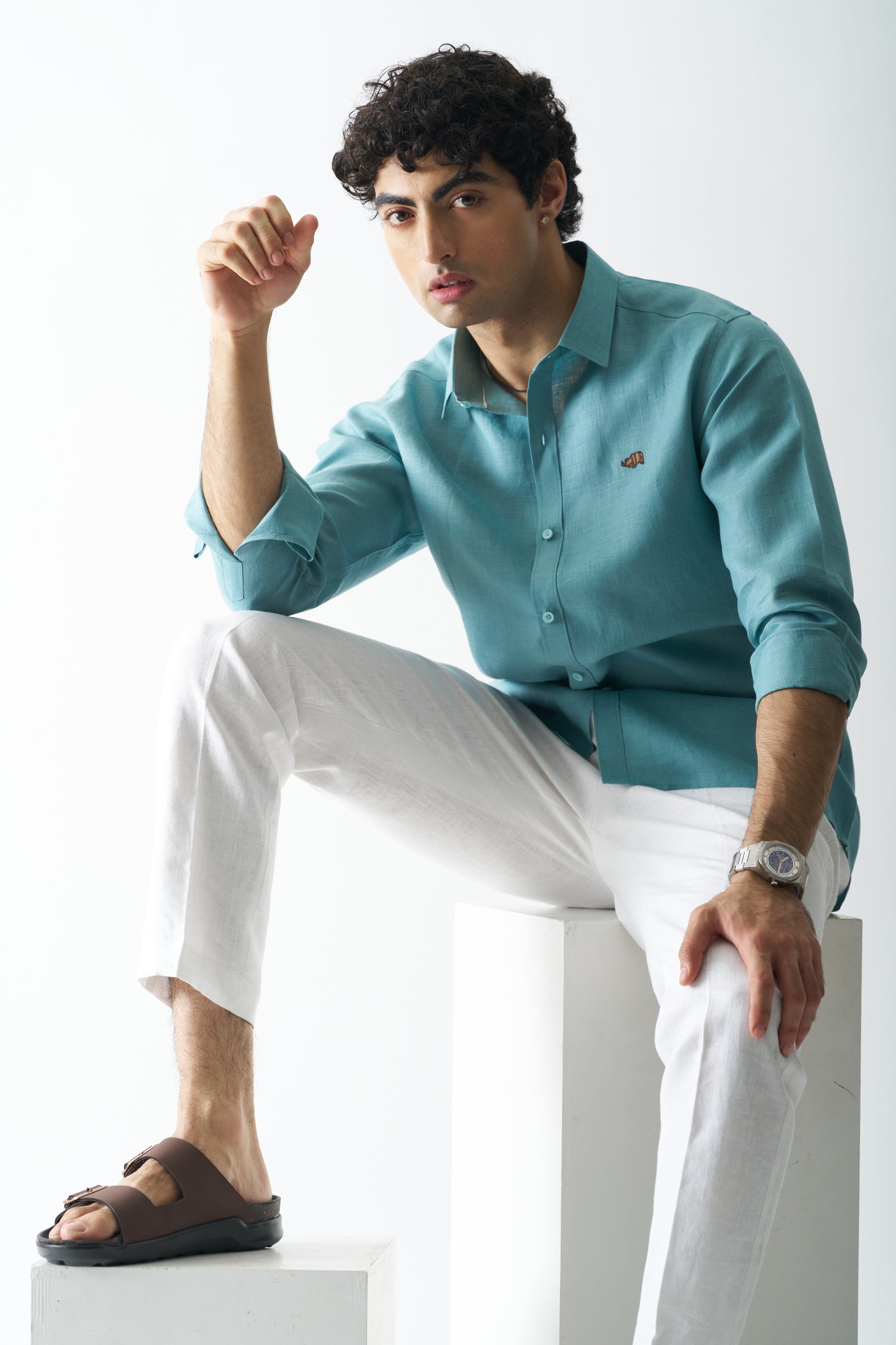 DEEP TEAL - ROZZANA FULL SLEEVE PURE LINEN SHIRT