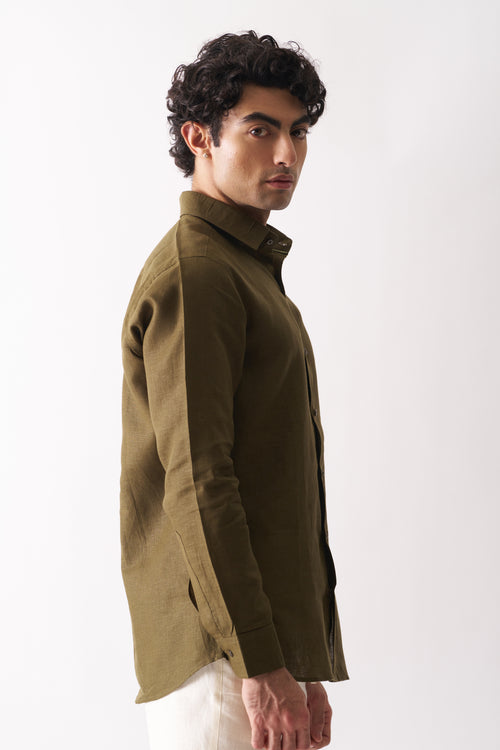 OLIVE GREEN - ROZZANA FULL SLEEVE PURE LINEN SHIRT