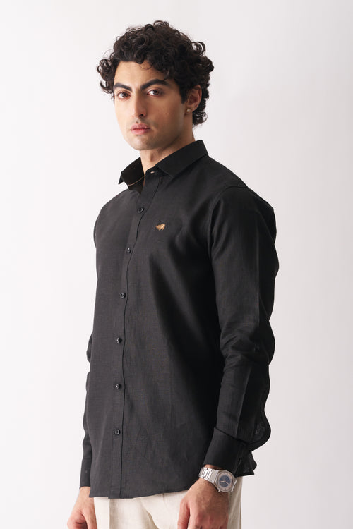 BLACK - ROZZANA FULL SLEEVE PURE LINEN SHIRT