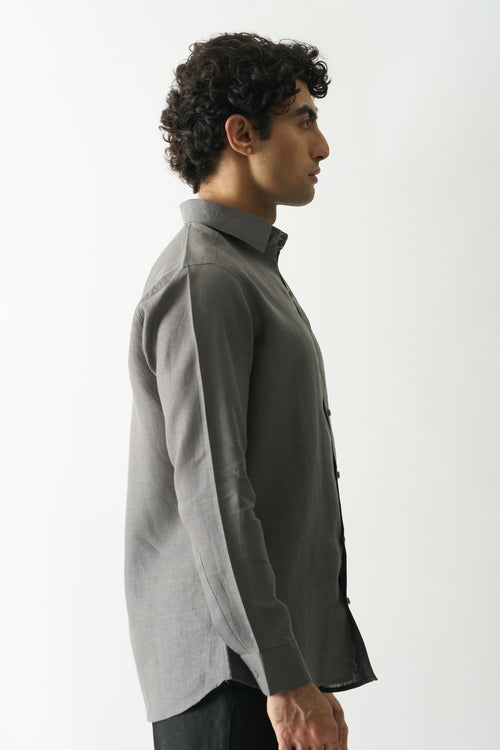 COAL MINE GREY - ROZZANA FULL SLEEVE PURE LINEN SHIRT