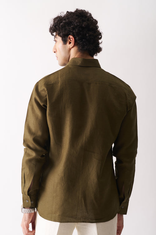 OLIVE GREEN - ROZZANA FULL SLEEVE PURE LINEN SHIRT