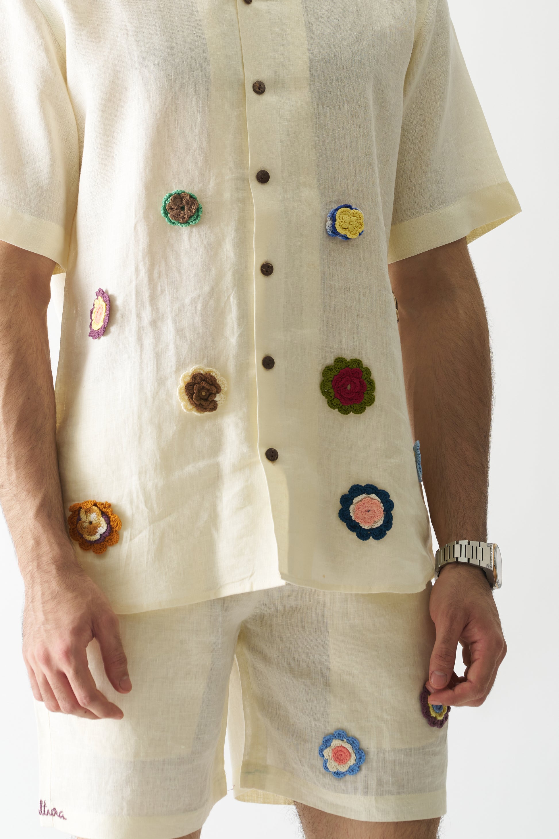 OFF-WHITE PETALS  - HAND EMBROIDERED PURE LINEN UNISEX CO-ORD SET