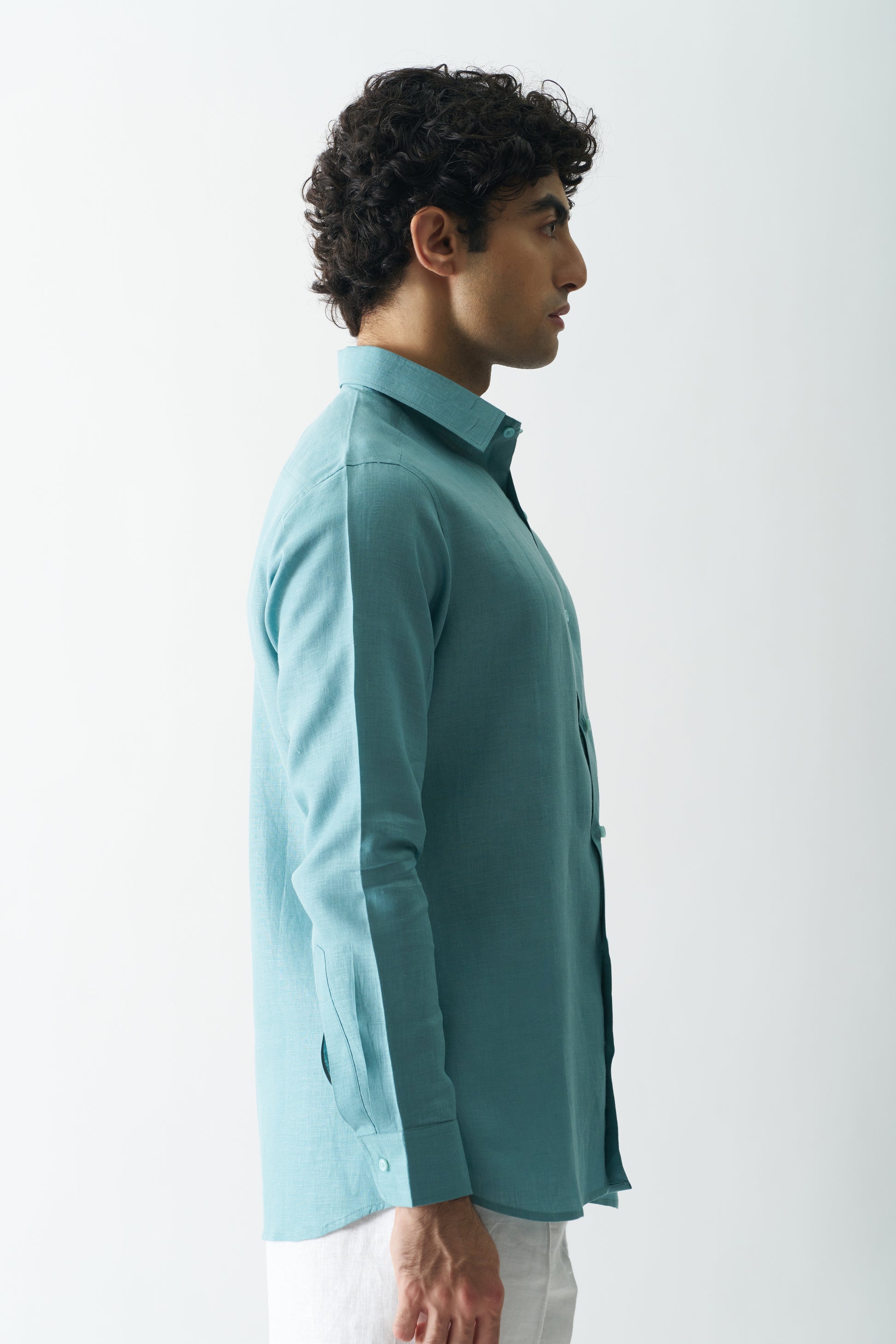 DEEP TEAL - ROZZANA FULL SLEEVE PURE LINEN SHIRT