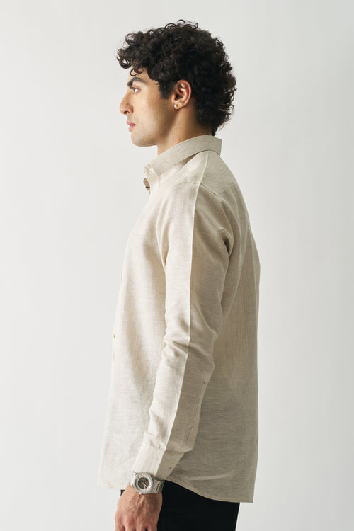 NATURAL - ROZZANA FULL SLEEVE PURE LINEN SHIRT