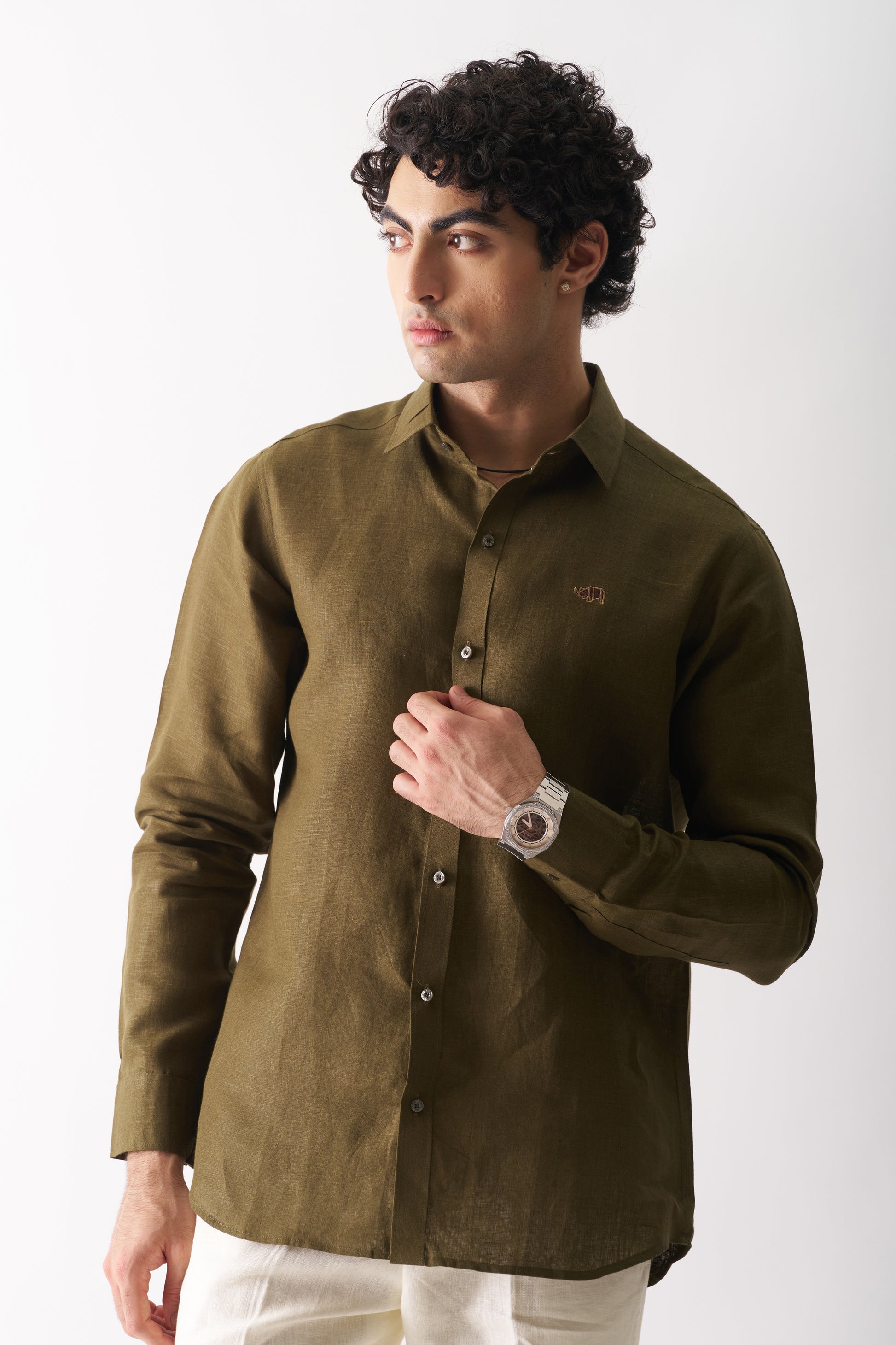 OLIVE GREEN - ROZZANA FULL SLEEVE PURE LINEN SHIRT