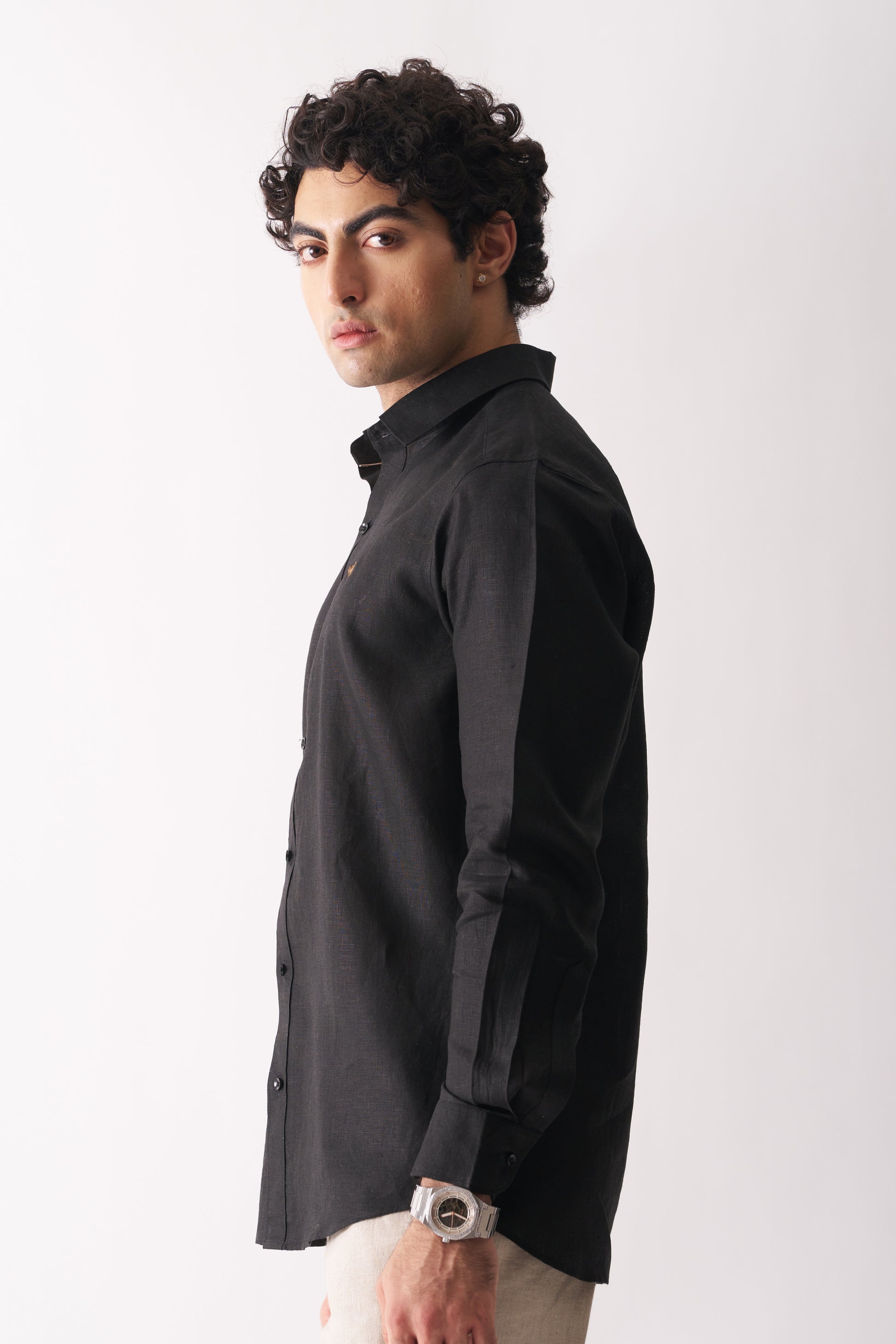 BLACK - ROZZANA FULL SLEEVE PURE LINEN SHIRT