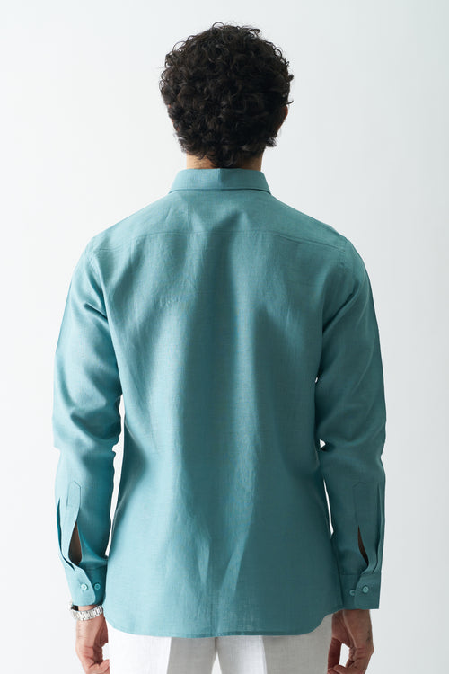 DEEP TEAL - ROZZANA FULL SLEEVE PURE LINEN SHIRT