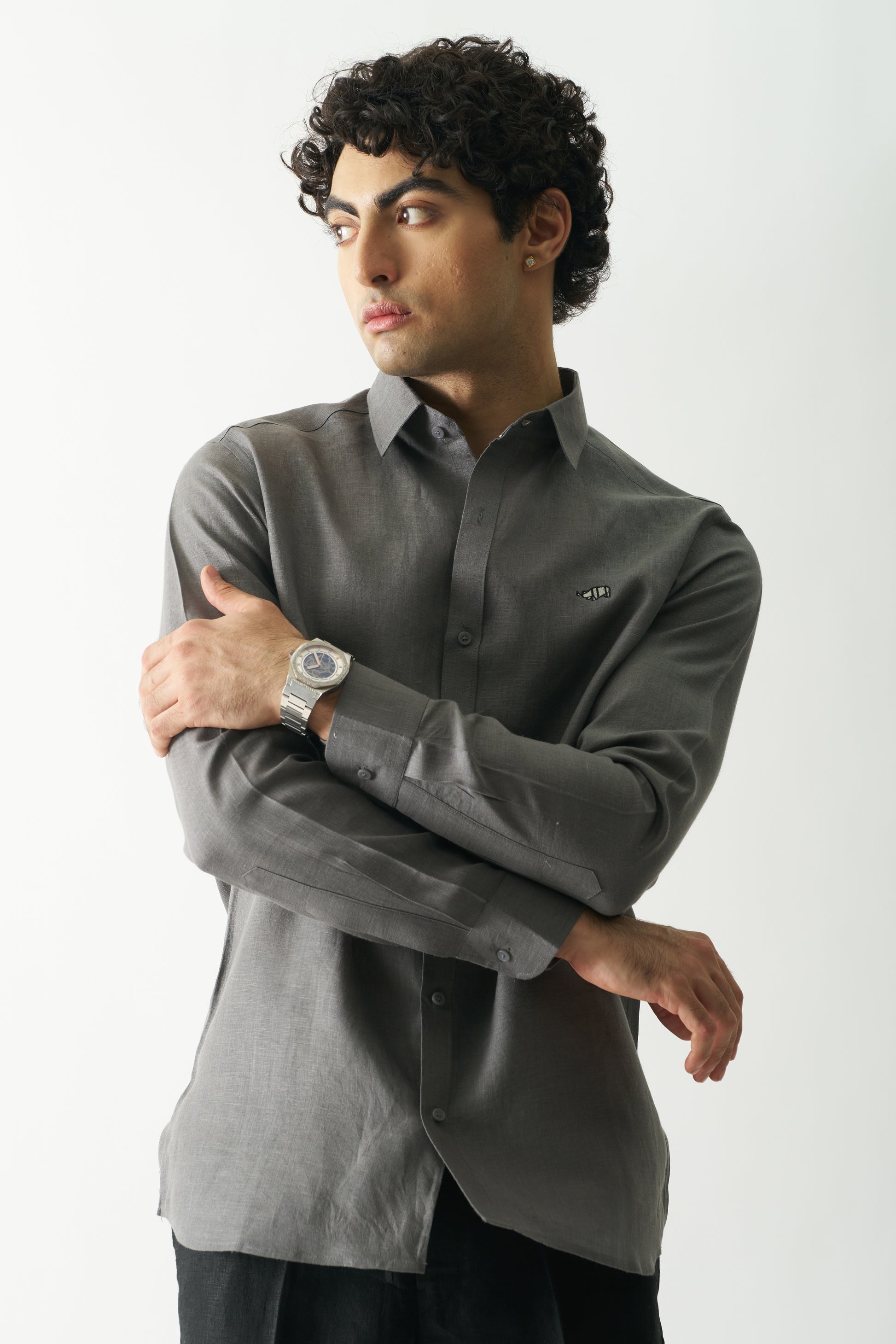 COAL MINE GREY - ROZZANA FULL SLEEVE PURE LINEN SHIRT