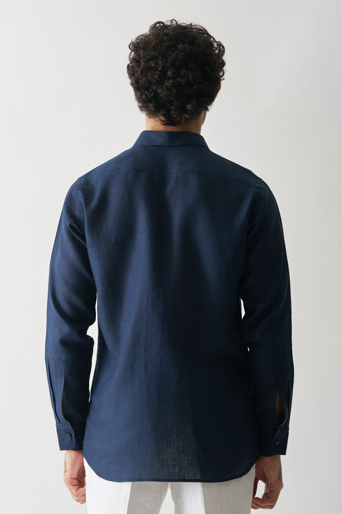 NAVY BLUE - ROZZANA FULL SLEEVE PURE LINEN SHIRT