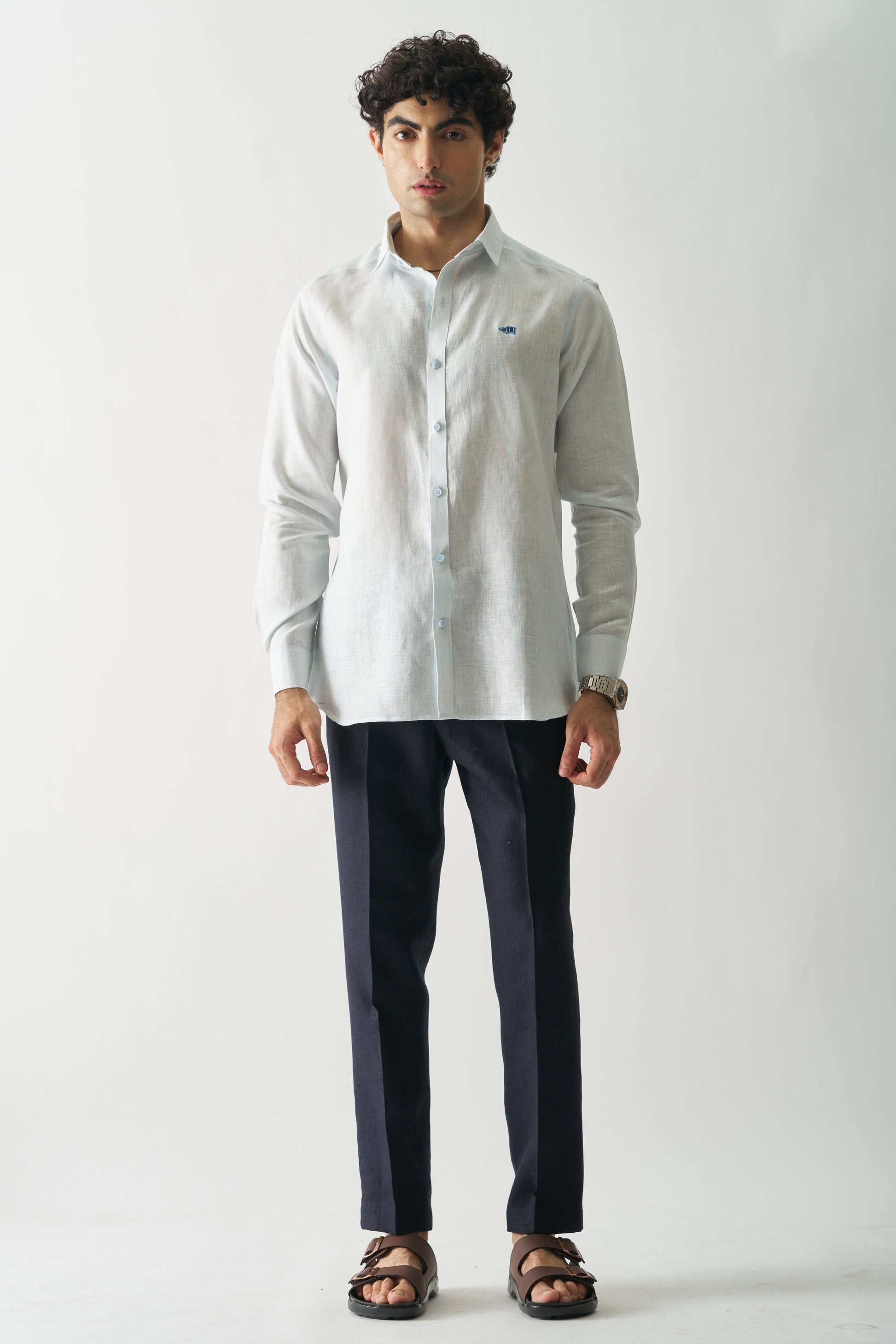 ICE BLUE - ROZZANA FULL SLEEVE PURE LINEN SHIRT