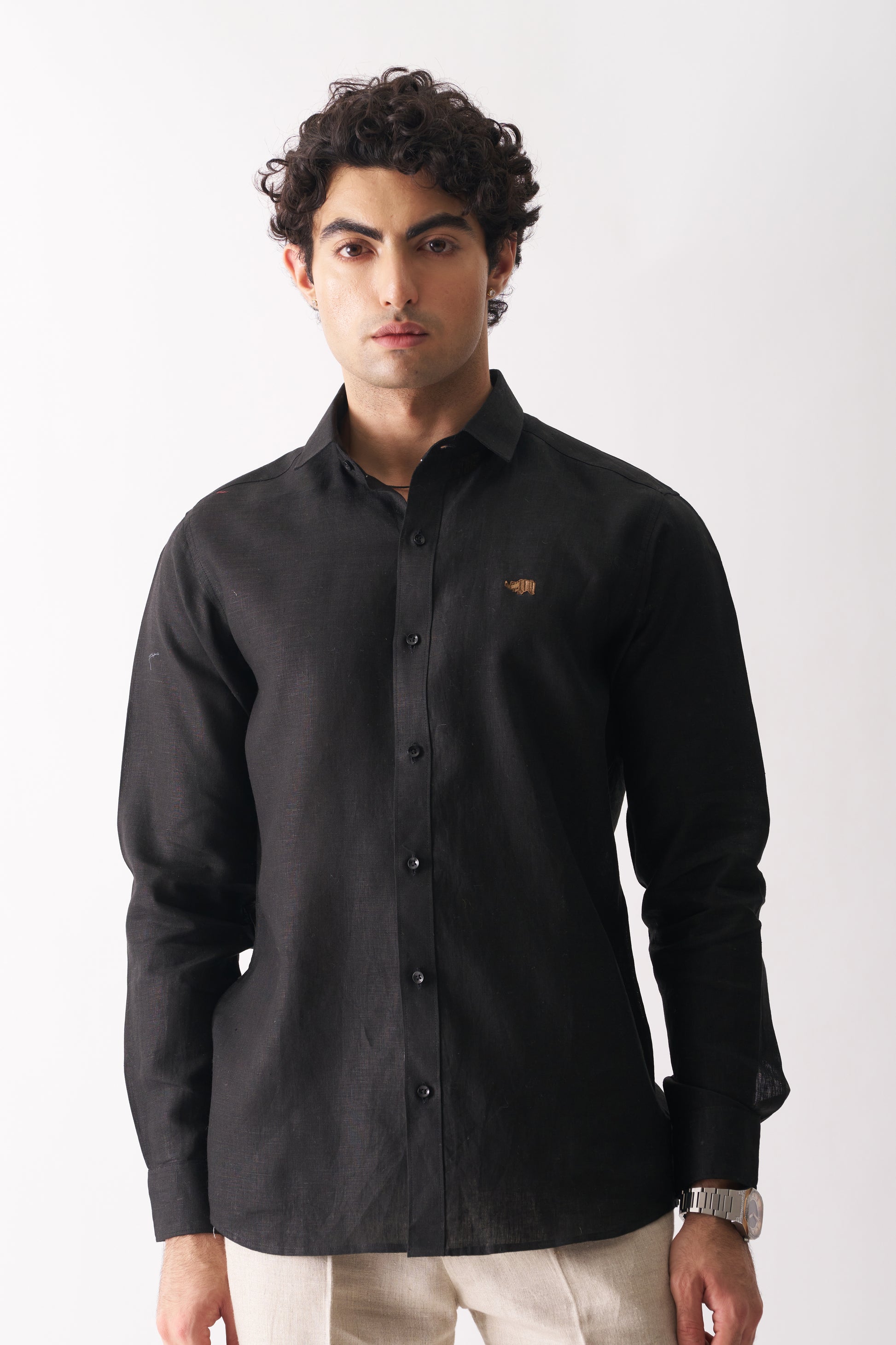 BLACK - ROZZANA FULL SLEEVE PURE LINEN SHIRT