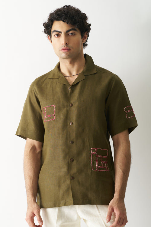 MOSSY MOSAIC - HAND EMBROIDERED UNISEX PURE LINEN SHIRT