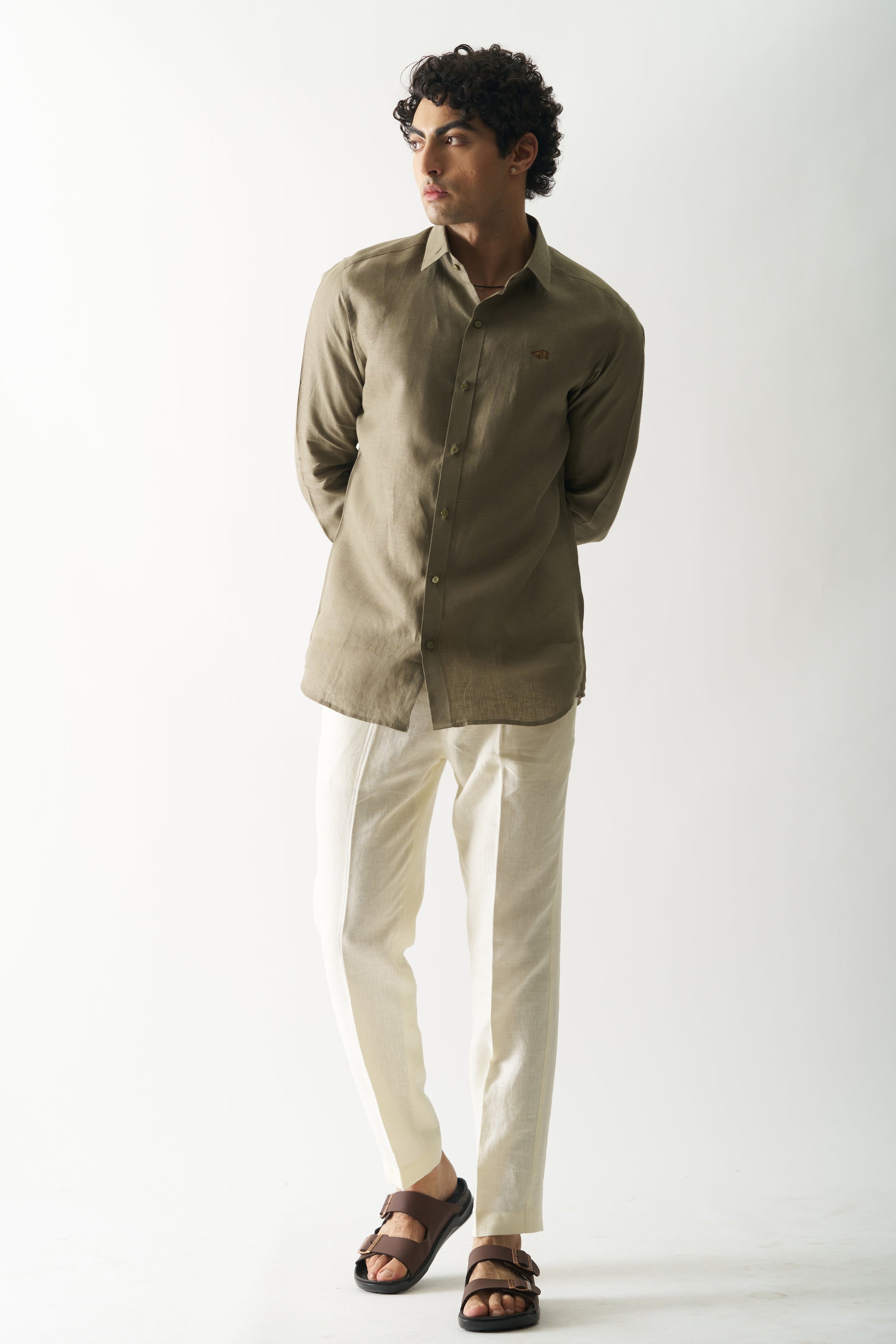 LIGHT OLIVE - ROZZANA FULL SLEEVE PURE LINEN SHIRT