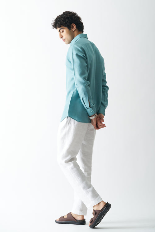 DEEP TEAL - ROZZANA FULL SLEEVE PURE LINEN SHIRT