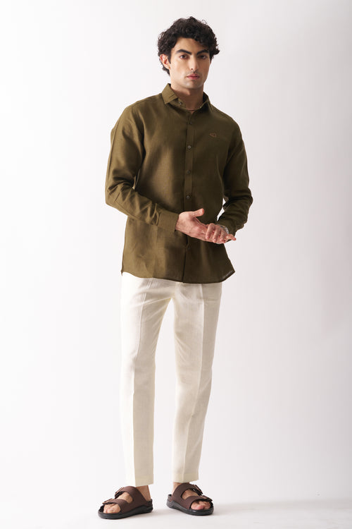 OLIVE GREEN - ROZZANA FULL SLEEVE PURE LINEN SHIRT