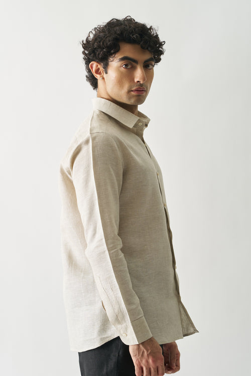 NATURAL - ROZZANA FULL SLEEVE PURE LINEN SHIRT