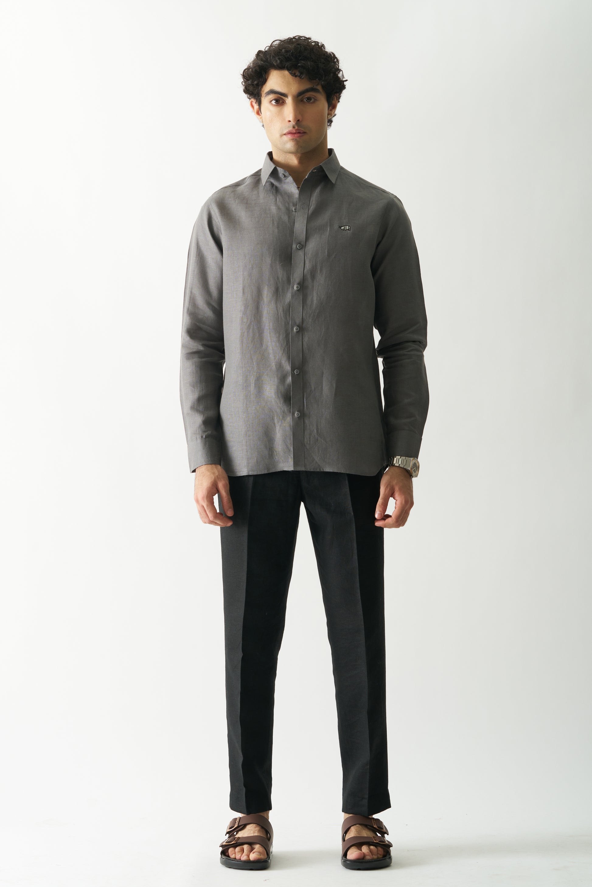 COAL MINE GREY - ROZZANA FULL SLEEVE PURE LINEN SHIRT