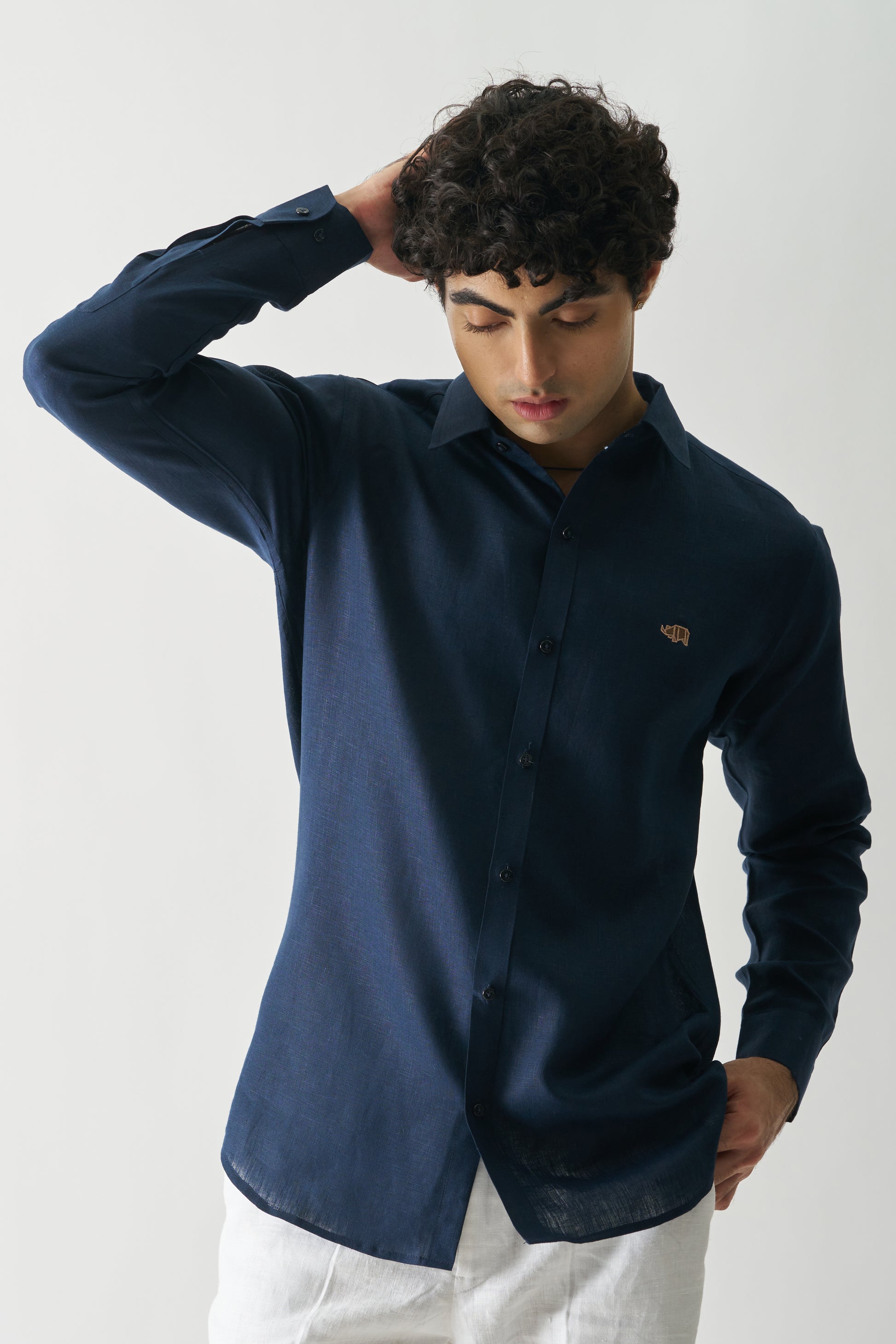 NAVY BLUE - ROZZANA FULL SLEEVE PURE LINEN SHIRT