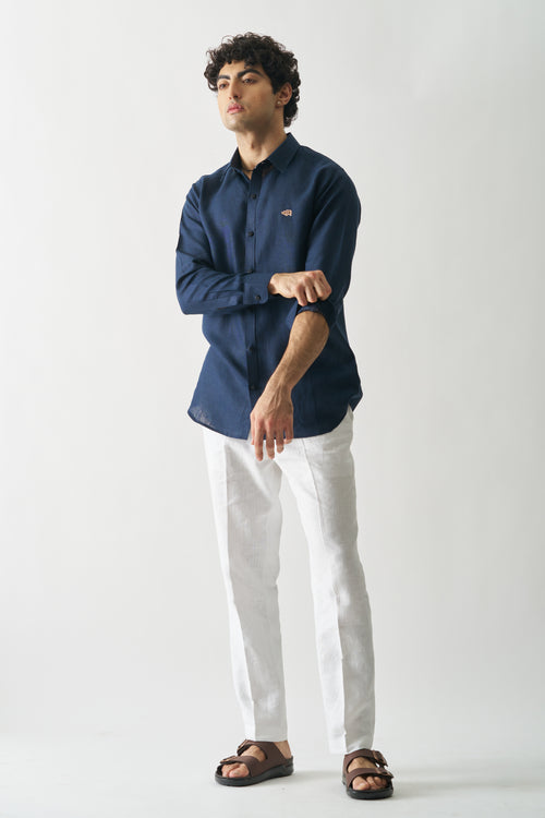 NAVY BLUE - ROZZANA FULL SLEEVE PURE LINEN SHIRT