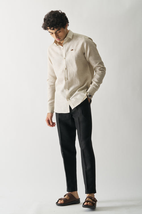 NATURAL - ROZZANA FULL SLEEVE PURE LINEN SHIRT