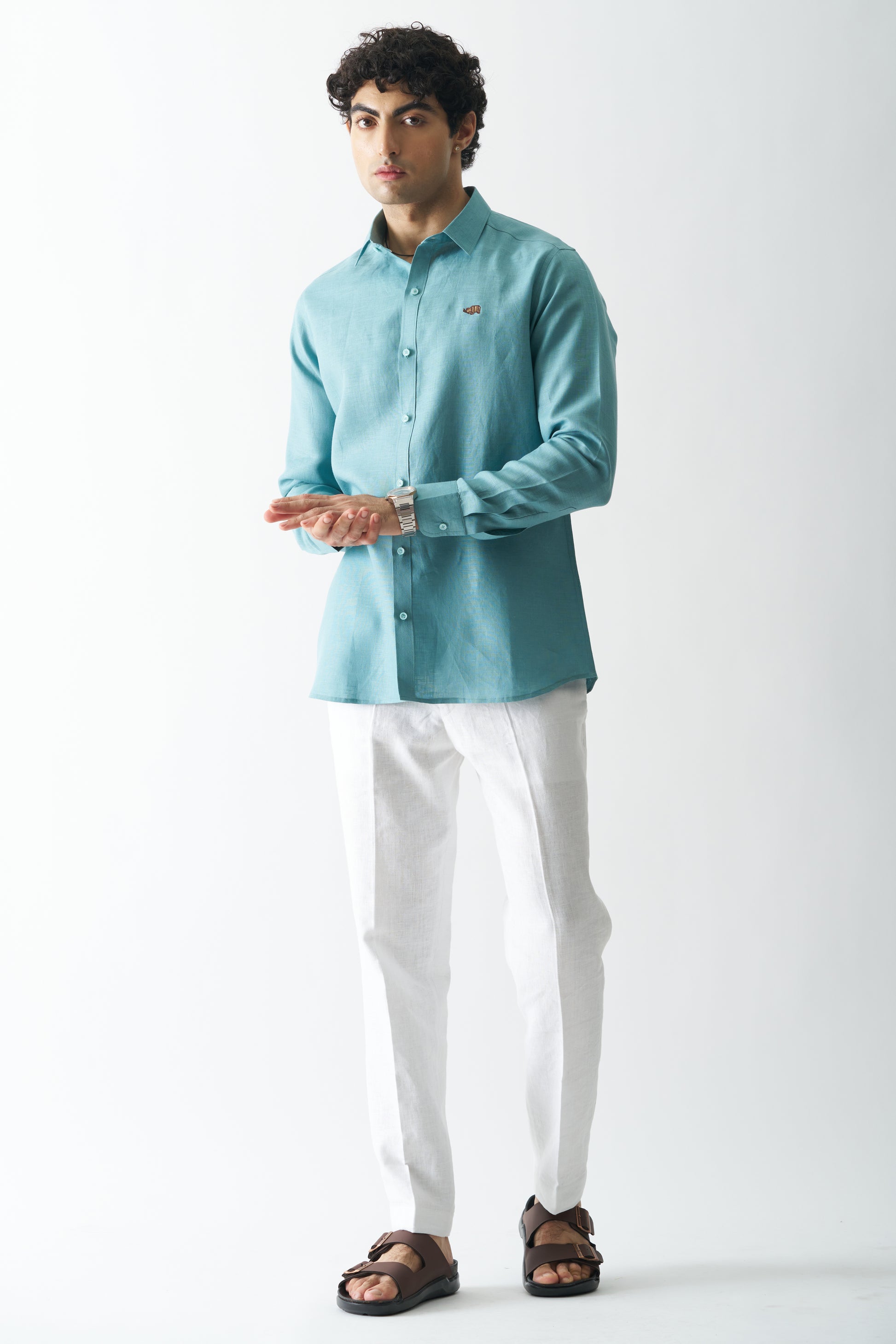 DEEP TEAL - ROZZANA FULL SLEEVE PURE LINEN SHIRT