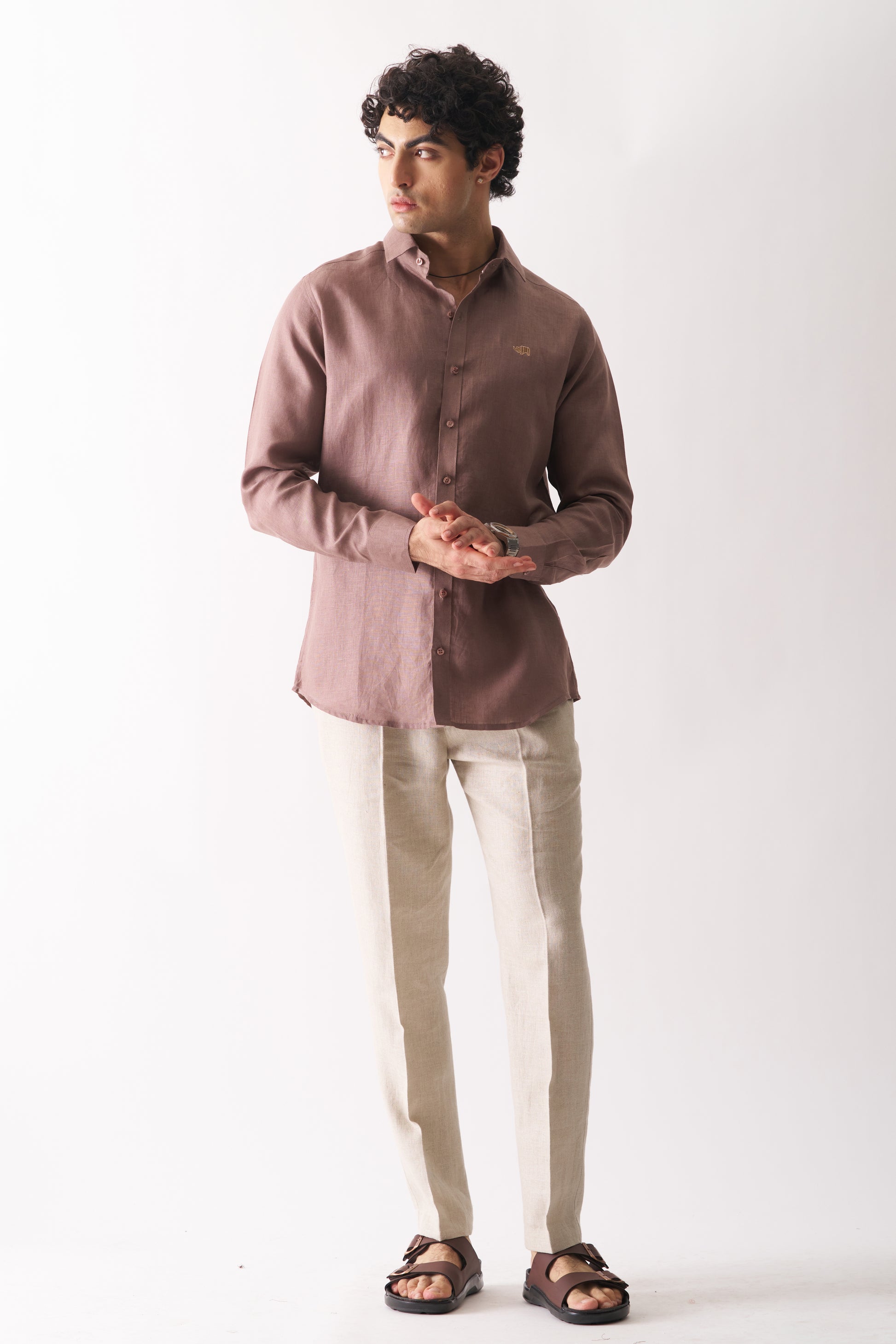 COFFEE - ROZZANA FULL SLEEVE PURE LINEN SHIRT