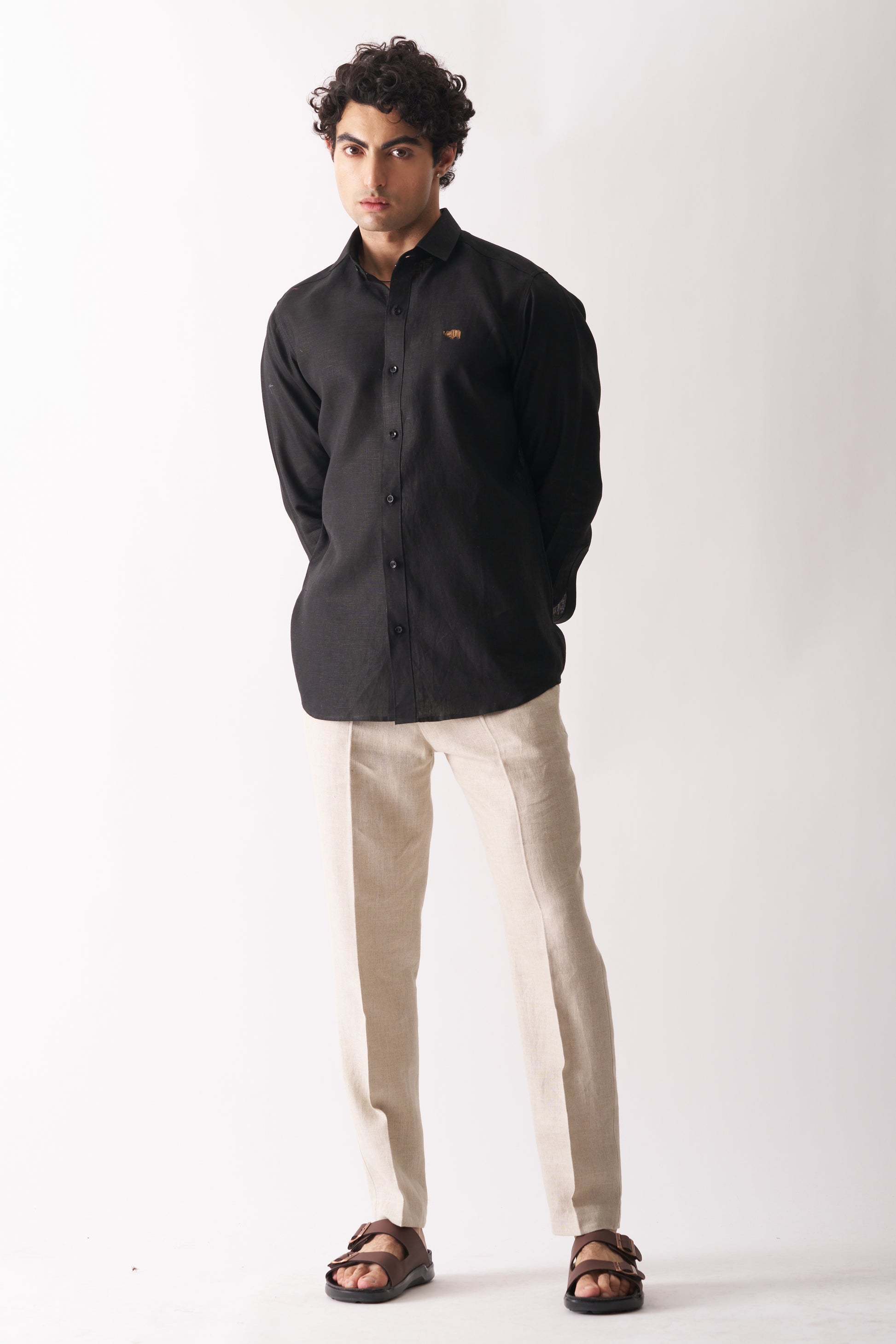 BLACK - ROZZANA FULL SLEEVE PURE LINEN SHIRT