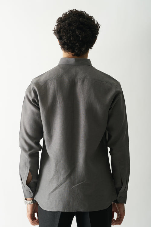 COAL MINE GREY - ROZZANA FULL SLEEVE PURE LINEN SHIRT