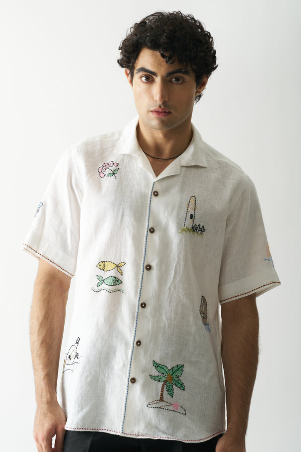 BEACH BLISS - HAND EMBROIDERED UNISEX PURE LINEN SHIRT